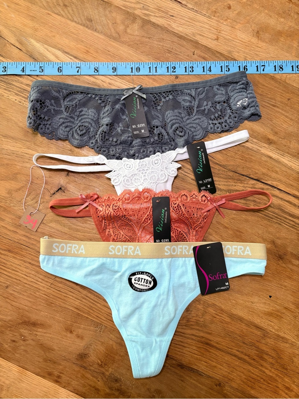 Sofra Lace & Cotton thong Set in Gray, White, Coral & Light Blue